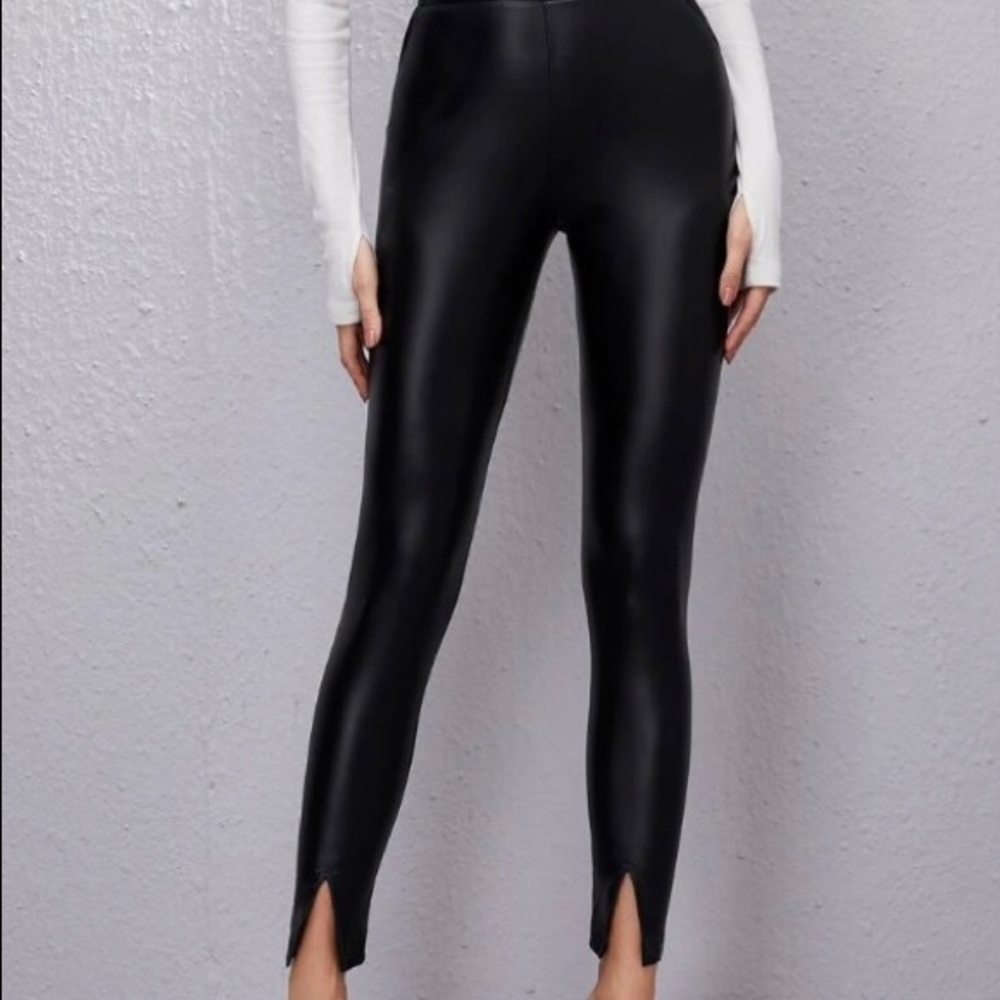 PU Leather Split Cuff Solid Leggings